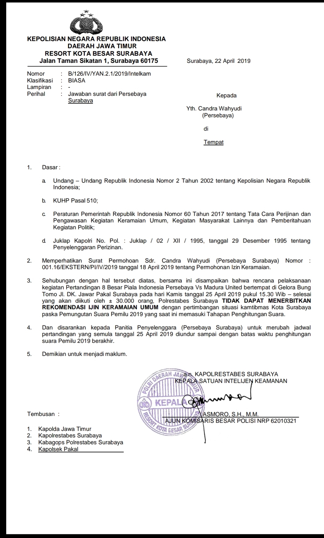 Surat keputusan dari Polrestabes Surabaya.
